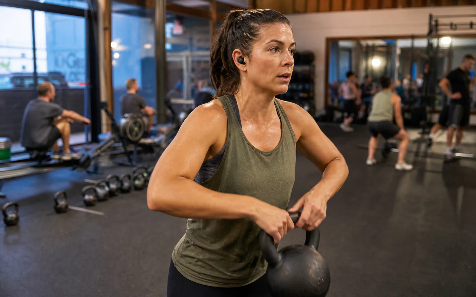 Athlete wearing secure sport earbuds during a kettlebell workout in a neighborhood gym