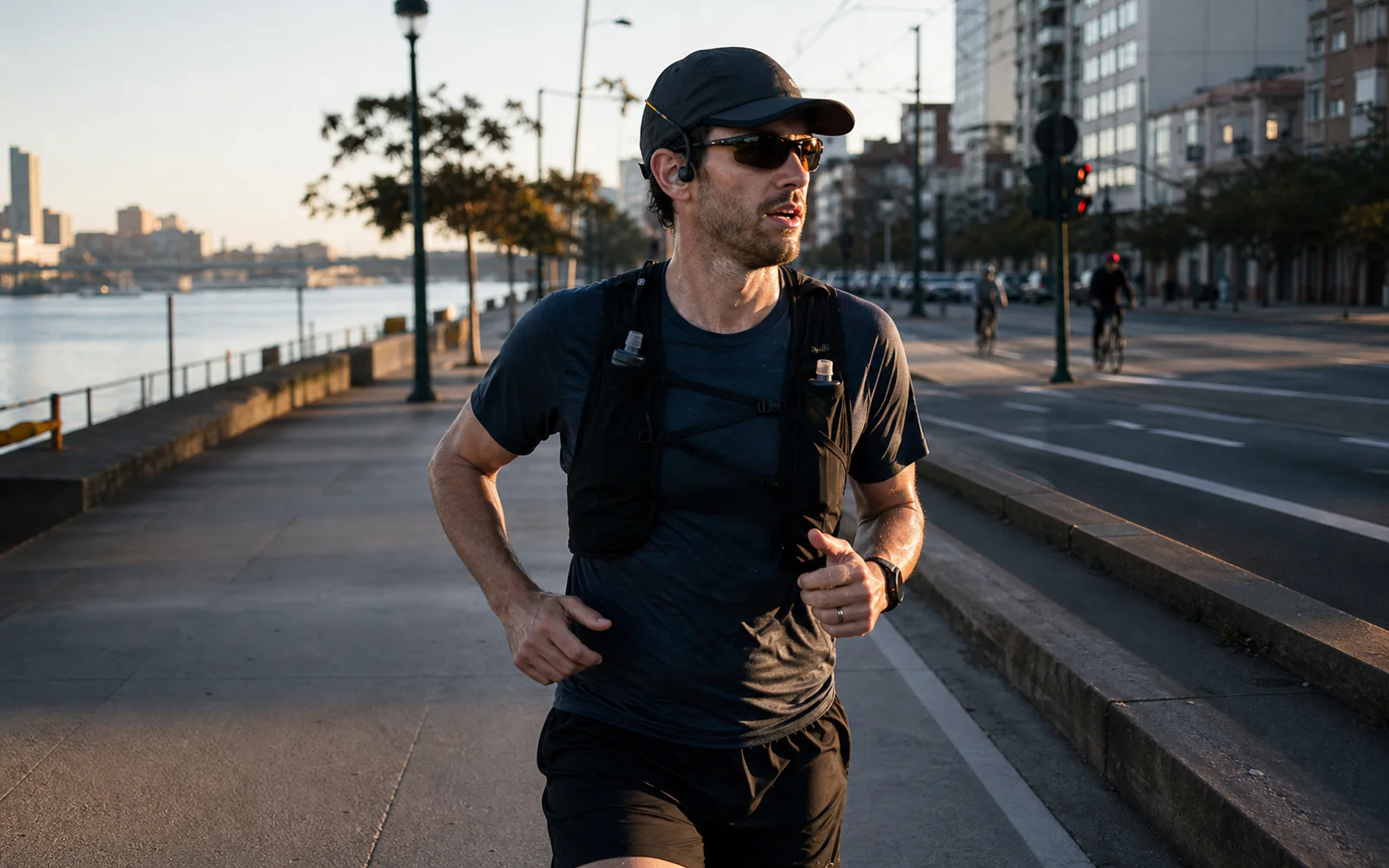 Long-distance runner wearing sport headphones on a riverside path in early morning light