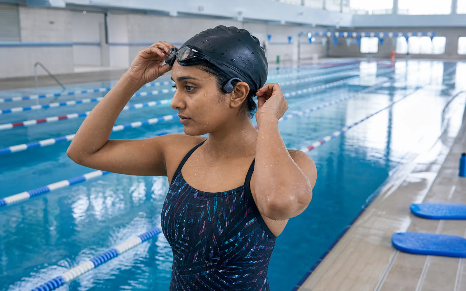 Lap swimmer wearing water-ready open-ear headphones beside an indoor community pool
