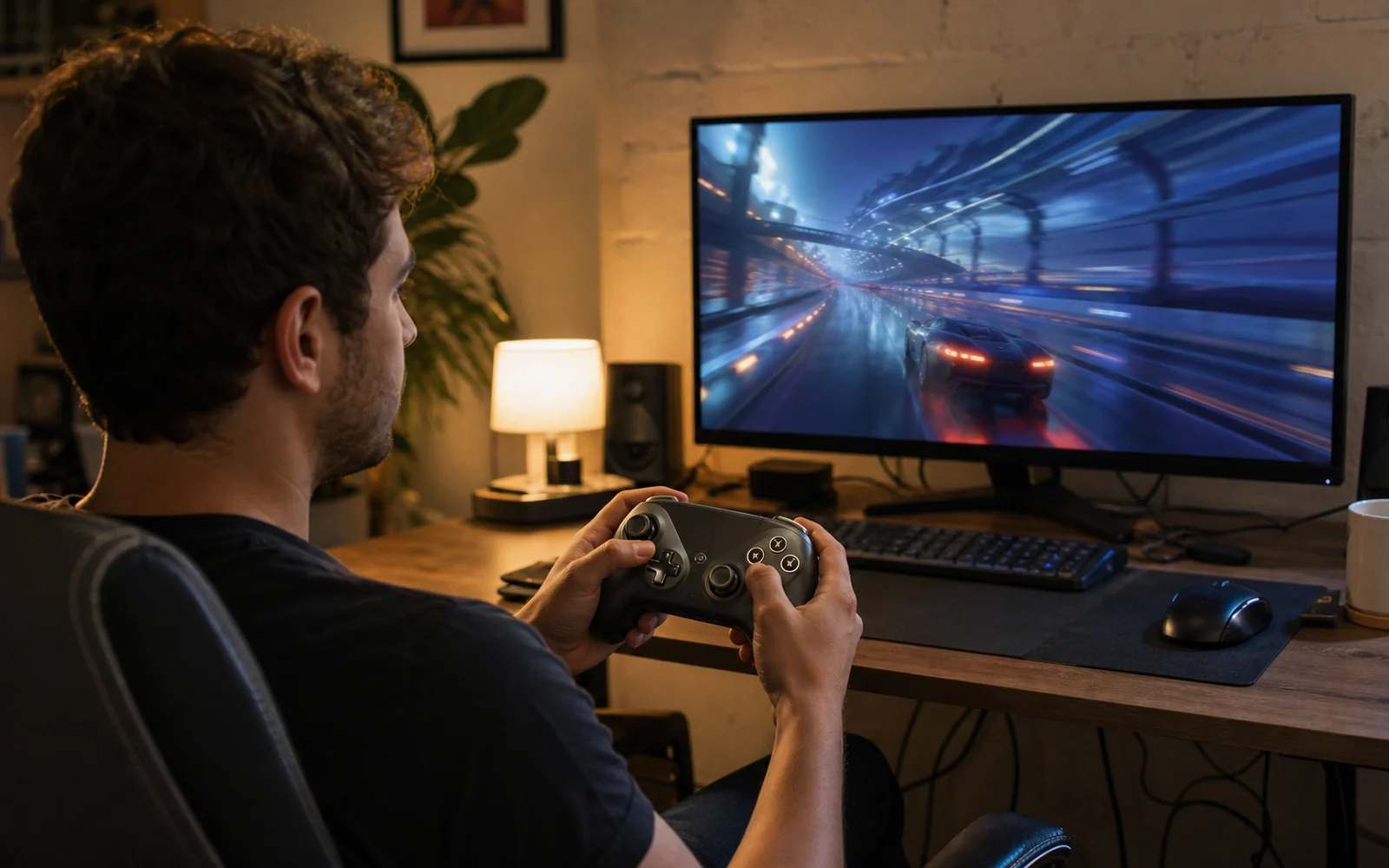 PC gamer holding an unbranded controller at a compact apartment desk during an evening racing game