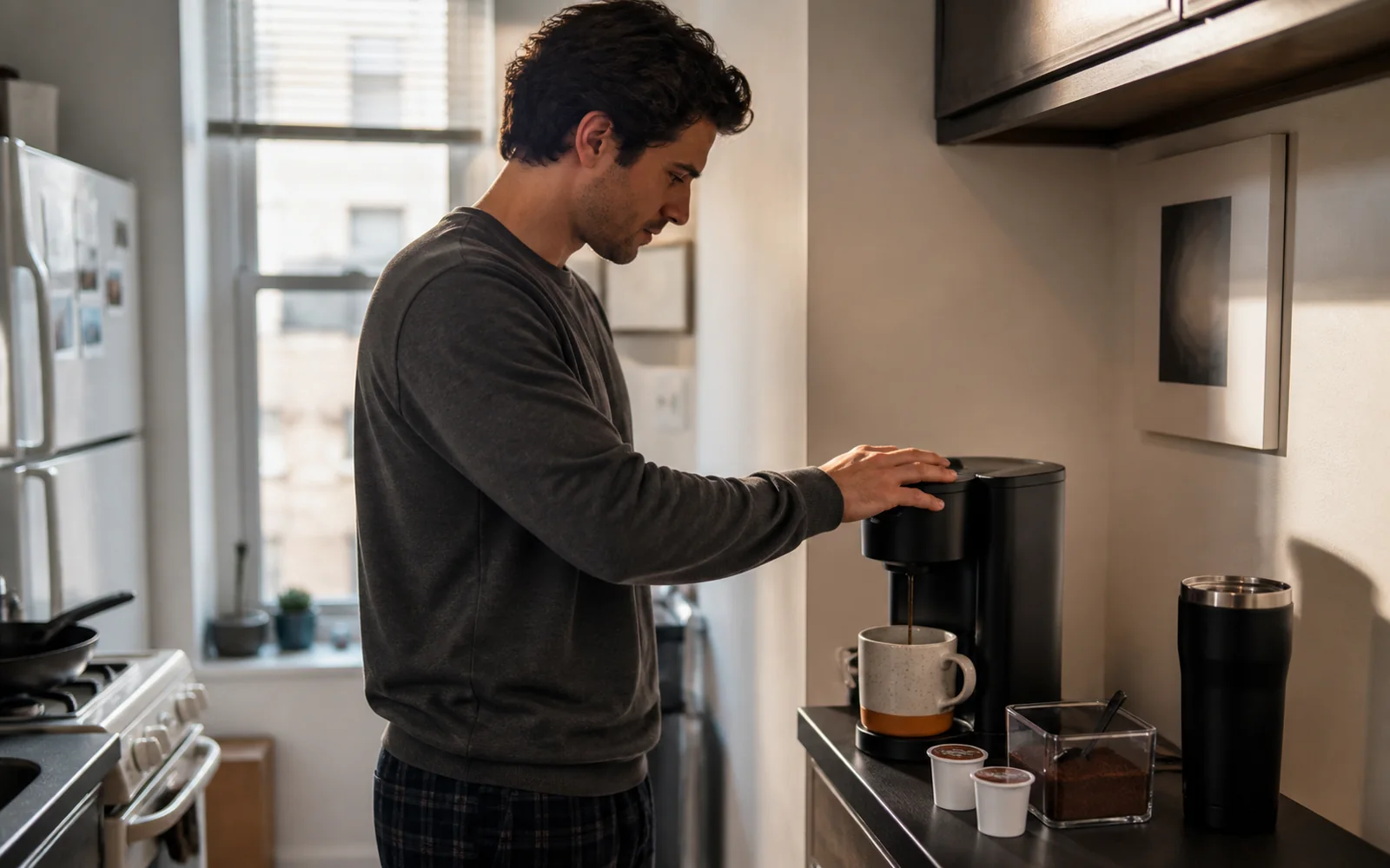 Adult preparing morning coffee with an unbranded compact single-serve brewer in a small apartment kitchen