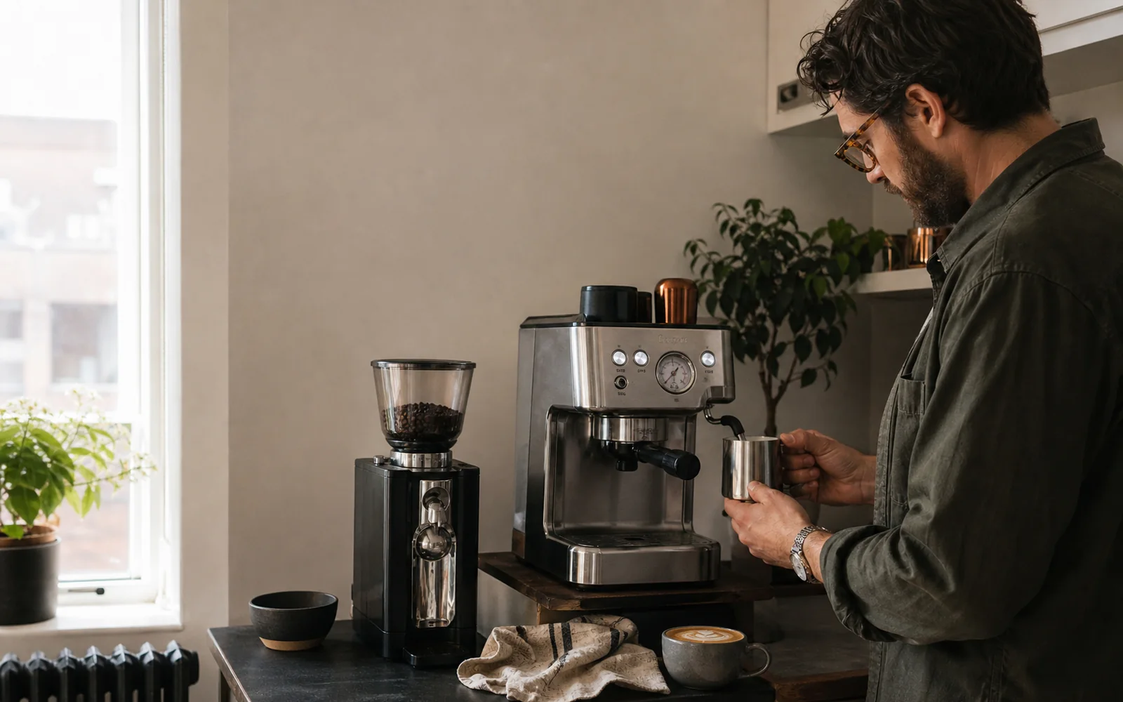 Adult steaming milk beside an unbranded compact espresso machine and separate grinder in a small apartment kitchen