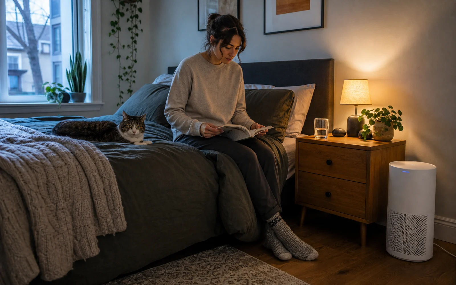 Adult reading beside a cat and an unbranded compact air purifier in a lived-in bedroom at dusk