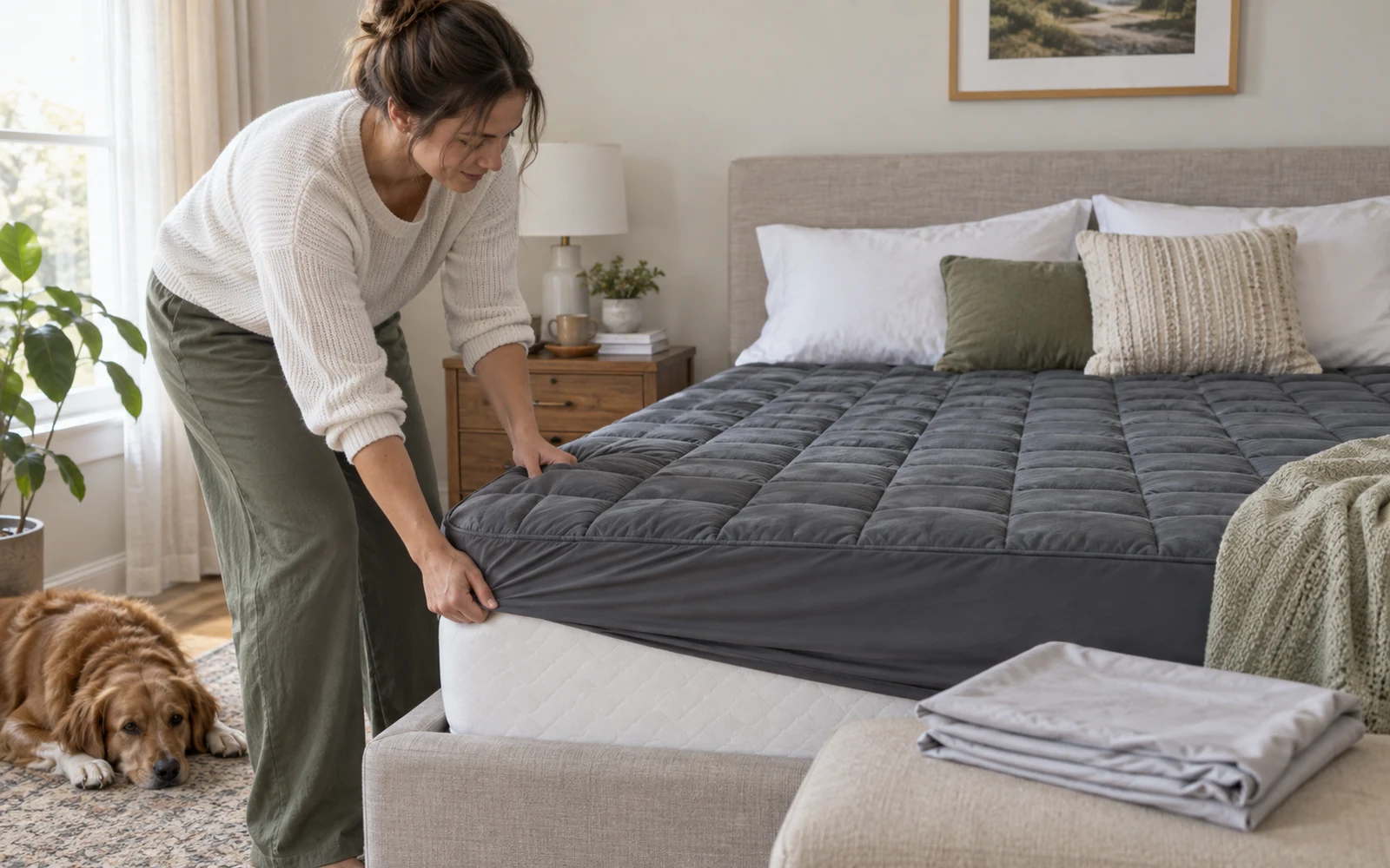 Adult fitting a dark gray quilted pillow-top pad onto a queen mattress in a lived-in bedroom